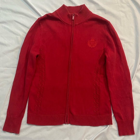 Tommy Hilfiger Women's Red Cotton Knit Full-Zip Jacket - Picture 1 of 7